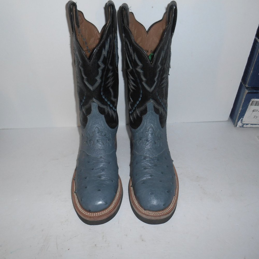 7.5 B Lucchese 2000 Denim Blue & Black Full Quill Ostrich, Crepe sole Boots.